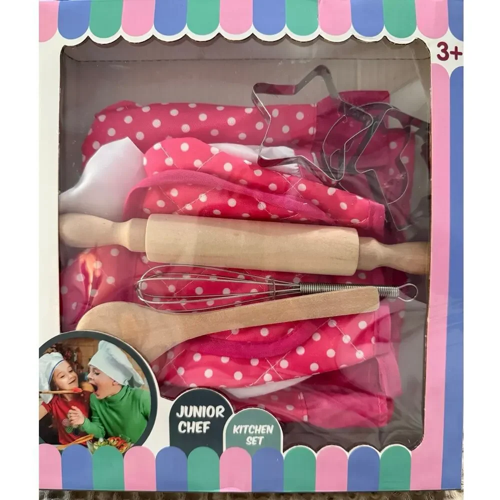 Rirool Kids Chef Role Play Cooking Set Pink Polka Dot Apron Hat Mitt 11pc Gift